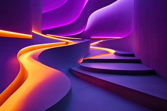 Dynamic interior design.  Curved platforms and steps, illuminated by vibrant orange and purple LED lights.  Abstract, futuristic, and modern