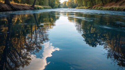A tranquil blue reflection of summer trees and sky creates a mirror image in the calm lake waters, a panorama of nature's beauty