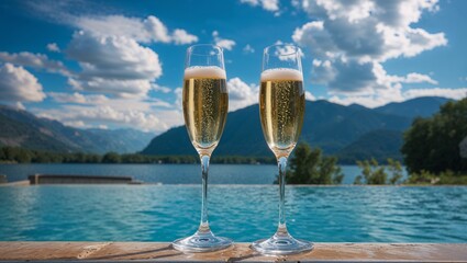Two gold-rimmed champagne flutes with celebratory bubbles against a blue sky