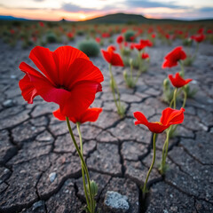 Obraz premium Waltz through the dusk-touched ruby hues of solid poppies on the cracky and dry terrain, their dance captured in macro shots.
