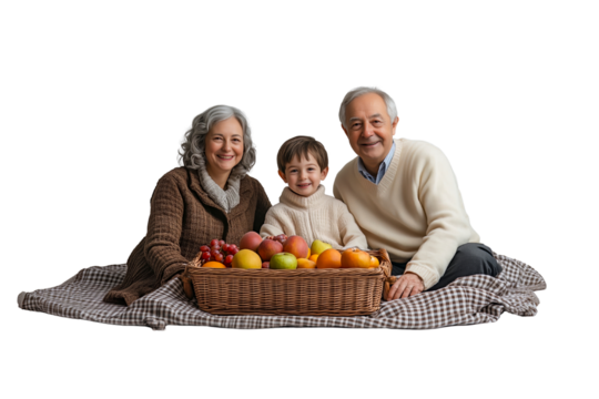 Grandparents and grandchild sitting on picnic blanket with fruit basket, transparent background.