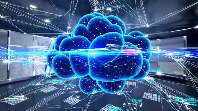 Futuristic blue cloud representing cloud computing and global network, set against a backdrop of abstract digital transformation and new technology, symbolizing  and big data concepts in