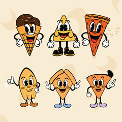 Cute Cartoon Fast Food Characters with Happy Faces – Ice Cream, Pizza, Nachos & More