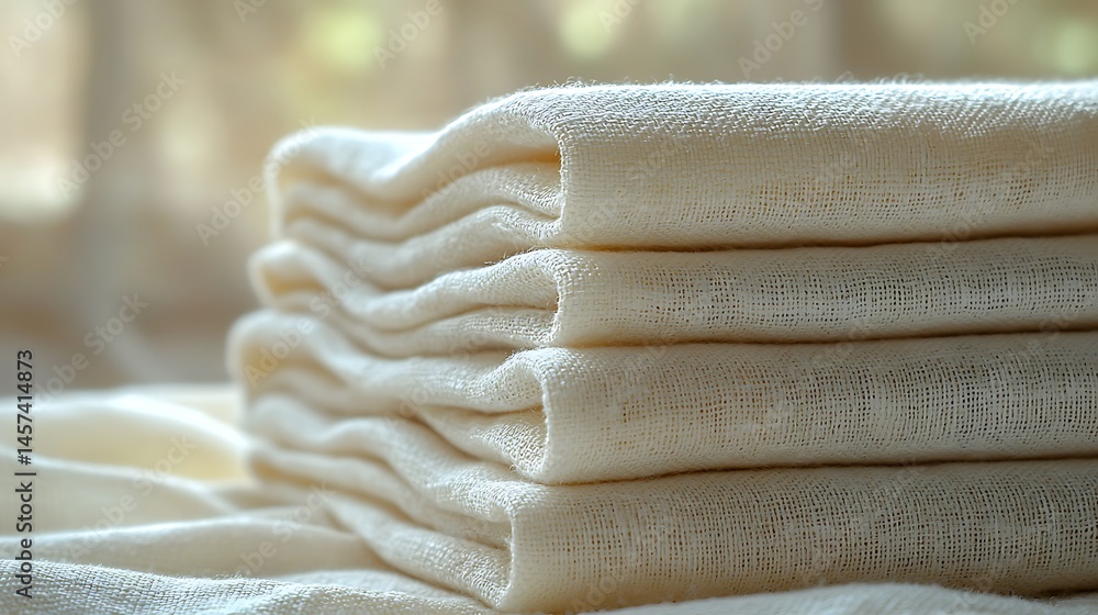 Poster stacked cream-colored fabric linens on a soft surface with natural light filtering through