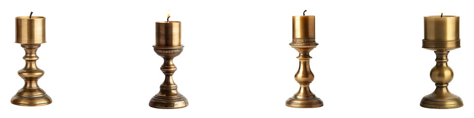 Set, group, collection of Antique Brass Candle Holder isolated on transparent background.