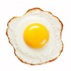 A fried egg with a bright yellow yolk and cooked white on a white background