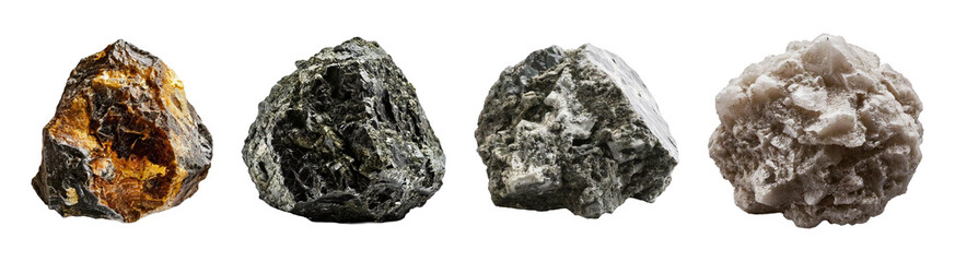 Unprocessed rocks. Collection of natural stones with varied textures and colors. Geology and mineralogy concepts.