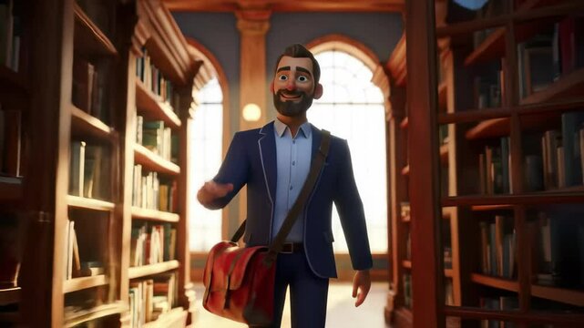 Cheerful animated man waving hello in a sunlit library with arched windows. concept of friendly greeting, positive attitude, bright atmosphere, joyful interaction.