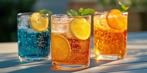 summer party drinks, sunny outdoor party for international childrens day features clear glasses with fruit-flavored drinks, fruit slices, and ice