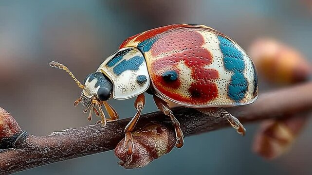 Exquisite Ladybug on Twig: A close-up shot unveils a stunning ladybug perched delicately on a twig, its vibrant shell a mosaic of intricate patterns and brilliant hues.