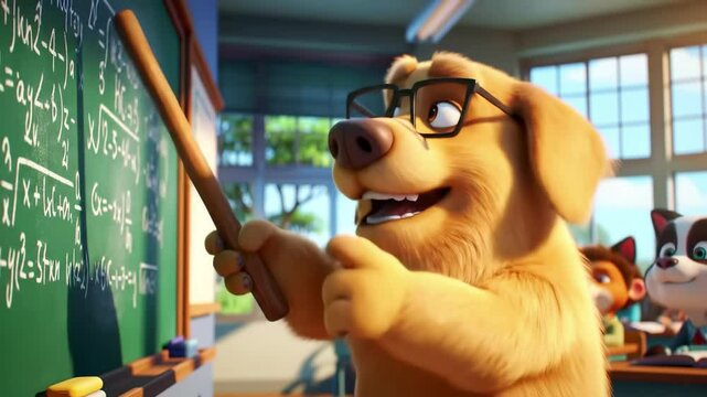 Animated golden retriever dog teacher pointing at chalkboard with math equations in classroom. concept of educational cartoon, school, knowledgeable dog, fun learning environment