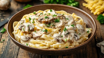 Creamy mushroom pasta garnished with parsley, served in a rustic bowl on a wooden table