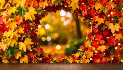 Beautiful fall leaves with lights with an opening into a park