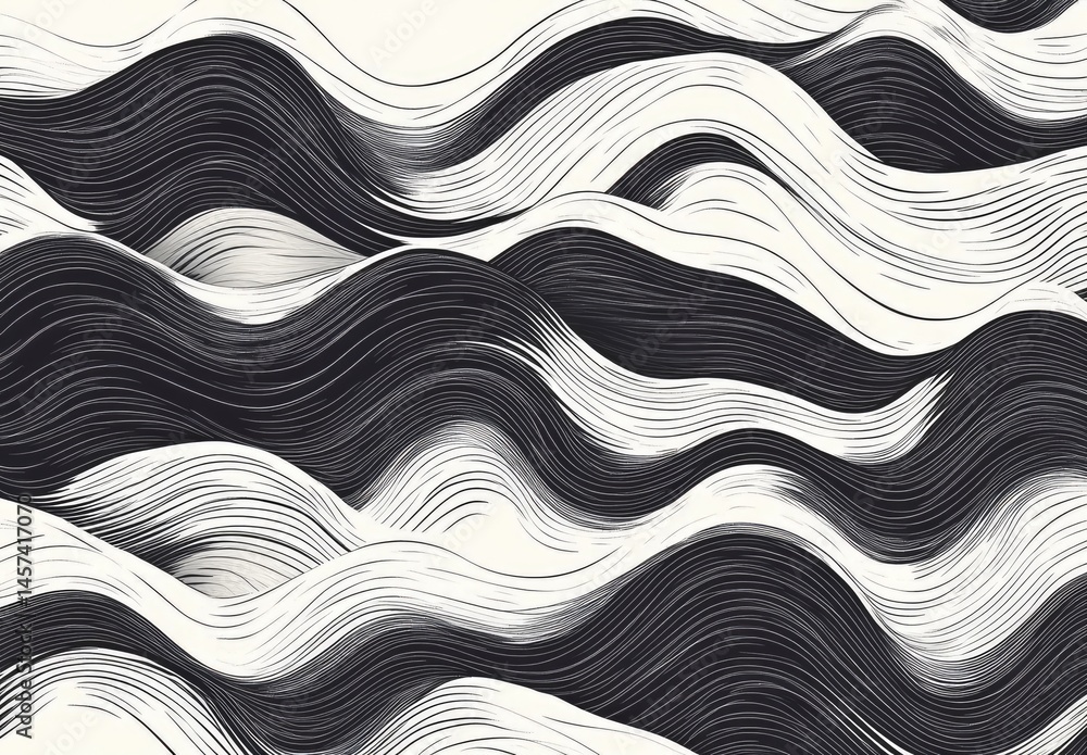 Poster abstract wave patterns in black and white. dynamic, layered, and textured waves create a sense of mo