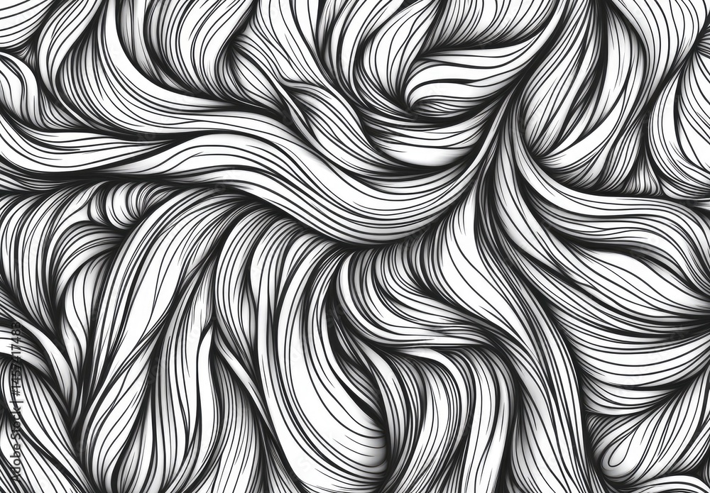 Poster abstract line art swirling waves. intricate black and white design of flowing, textured lines creati