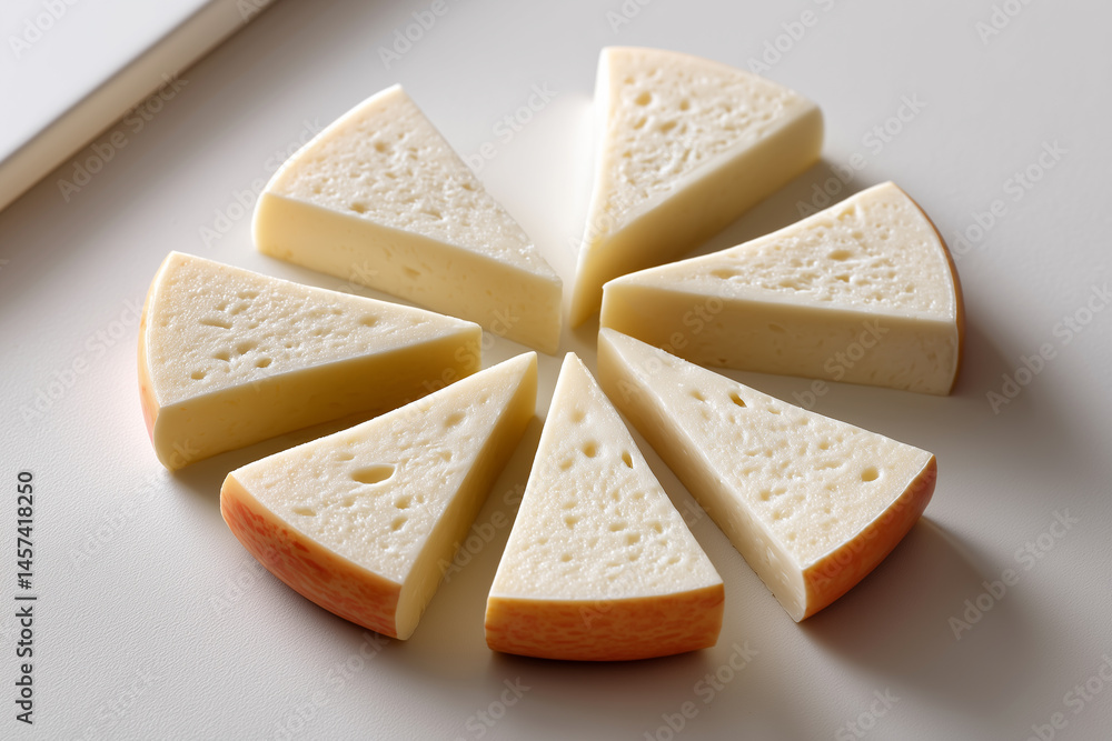 Poster white cheddar slices fanned in semicircle on studio white surface. clean minimalistic setting with f