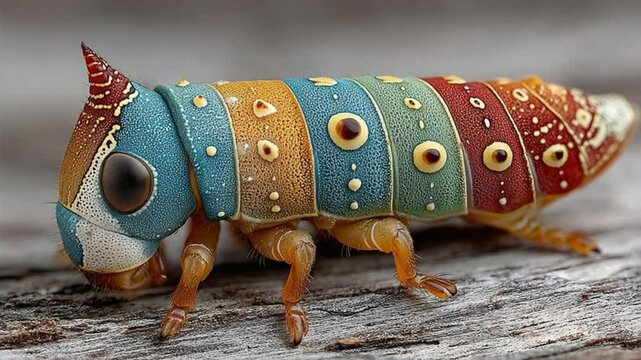 Rainbow Treehopper: A vibrant and exotic treehopper with multicolored segments and intricate patterns crawls on a textured wooden surface.