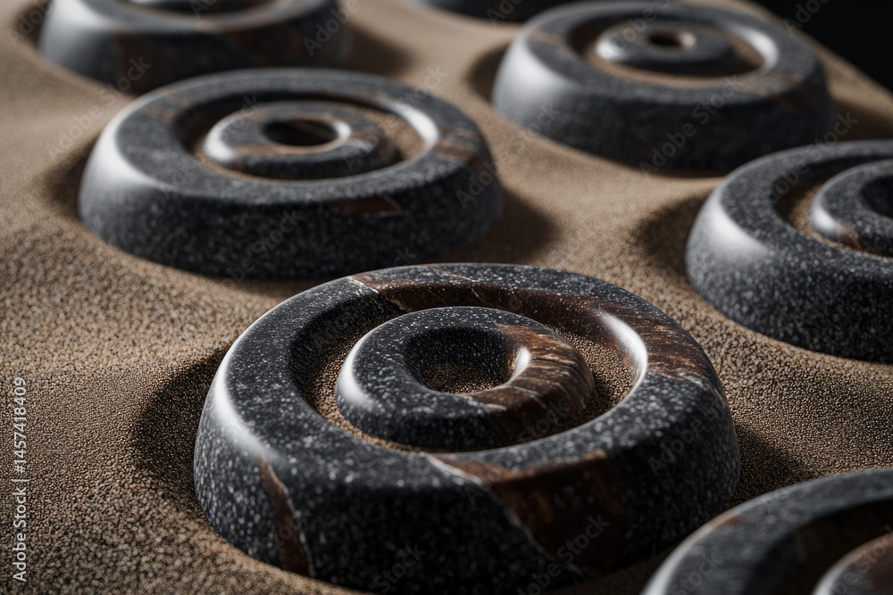 Aufkleber dark, swirling marble objects rest in brown sand, creating a visually striking and textured scene.