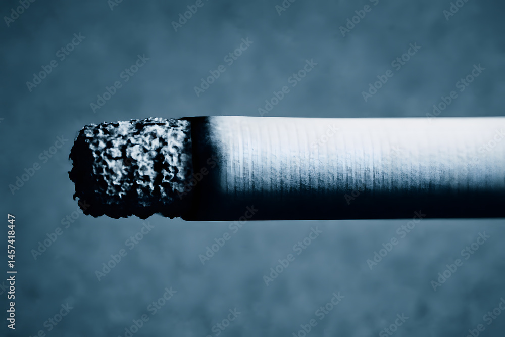 Poster close up view of a lit cigarette with accumulating ash against a dark, muted background emphasizing 