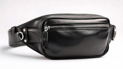 Naklejka premium Sleek Black Leather Fanny Pack with Zipper and Metal Accents