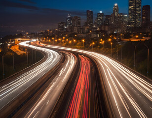 Obraz premium The motion blur of a busy urban highway during the evening rush hour. The city skyline serves as the background