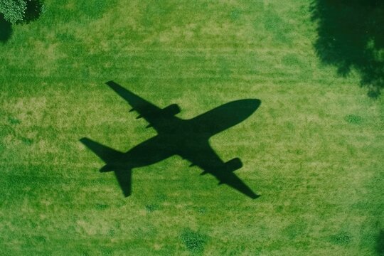 Shadow of airplane on grassy field