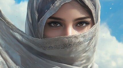 Mysterious woman portrait with gray veil and brown eyes artistic digital painting sky face girl gaze