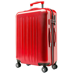Red suitcase with wheels isolated on transparent background