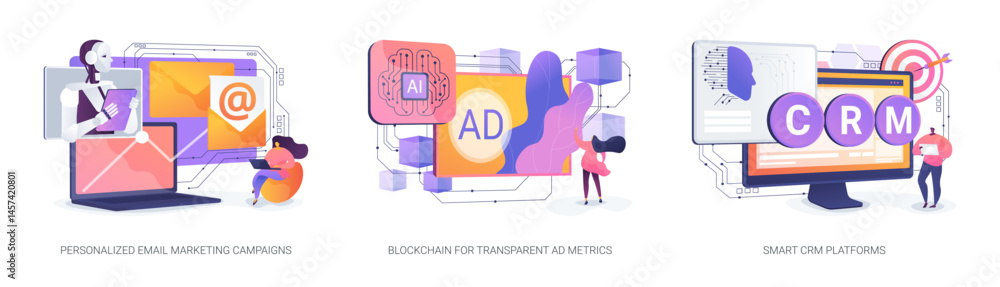Poster ai and blockchain for marketing abstract concept vector illustrations.