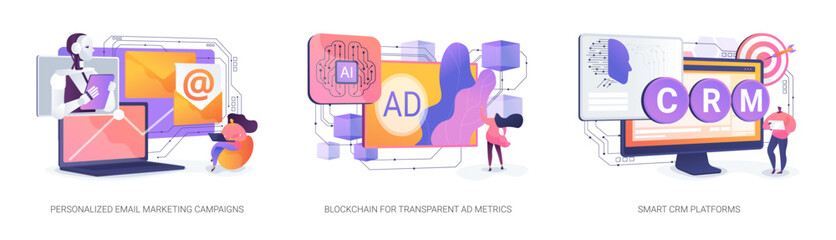 AI and Blockchain for Marketing abstract concept vector illustrations.