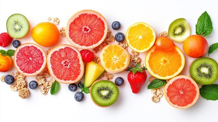 Vibrant colorful fruit salad with granola healthy breakfast red kiwi food diet ripe pink mango peach