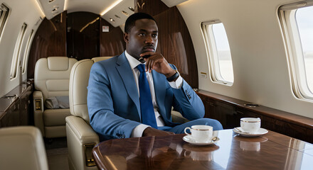 Contemplative African American Man in Blue Suit on Private Jet with Coffee and Wooden Table near Window Seated in Light Beige Chair