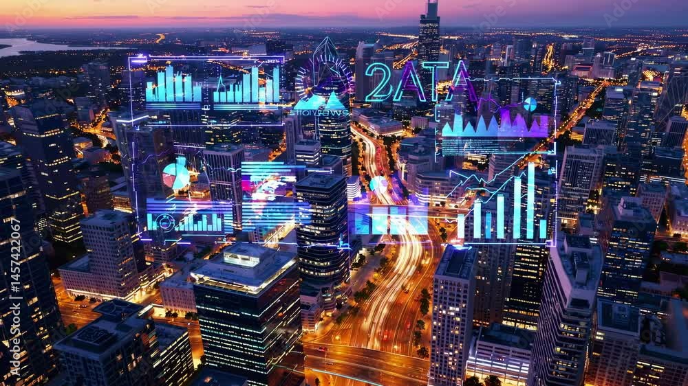 Aufkleber the business data analytic interface flies over a smart city, illustrating the future of business in