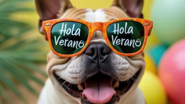 Happy dog wearing colorful sunglasses enjoying summer vibes with 'hola verano' reflection