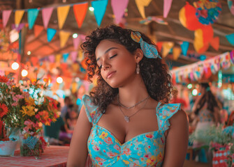 a young woman dressed in typical Festa Junina clothes, colorful clothes, vibrant colors, on a background of São João flags, lights