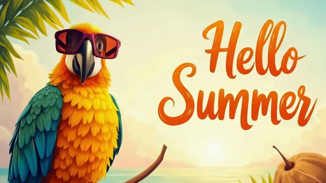 Colorful parrot celebrates tropical summer with sunglasses on a beach