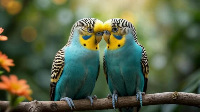 Colorful parrots engaging in gentle interaction on a branch amidst vibrant flower garden