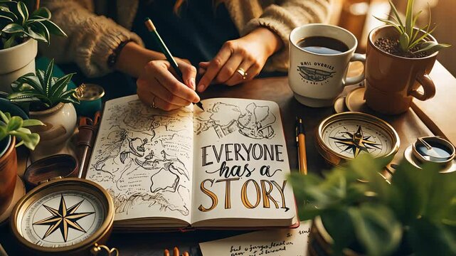 Person writing in a sketchbook with the phrase "Everyone has a story" surrounded by coffee cups, plants, and a vintage compass, creating a cozy creative workspace.

