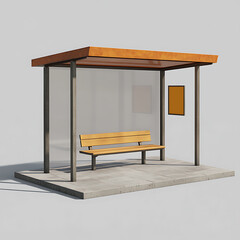 A simple bus stop shelter with bench and signage