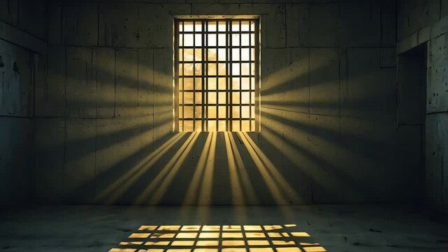 Sunlight streaming through a barred window onto a concrete floor, casting dramatic light and shadows, creating a somber and prison-like atmosphere.

