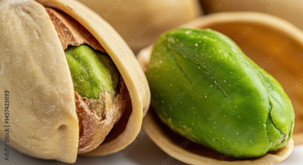 Poster a close up shot of two pistachios one with shell and the other without shell on a white surface