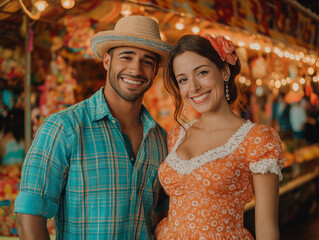 a young couple dressed in typical Festa Junina clothes, colorful clothes, vibrant colors, against a background of São João flags, lights