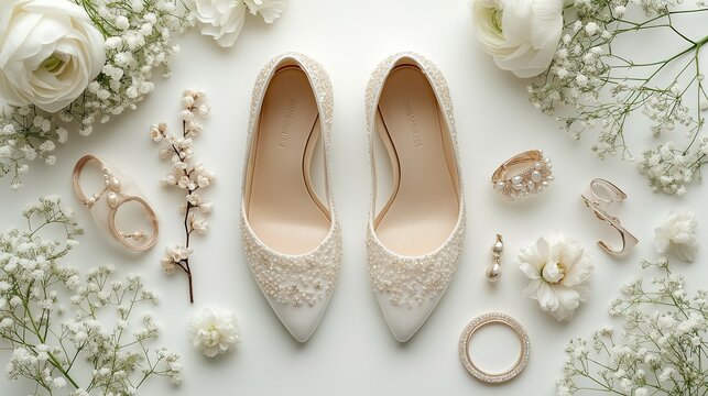 Elegant wedding shoes and accessories arranged neatly, symbolizing timeless bridal sophistication
