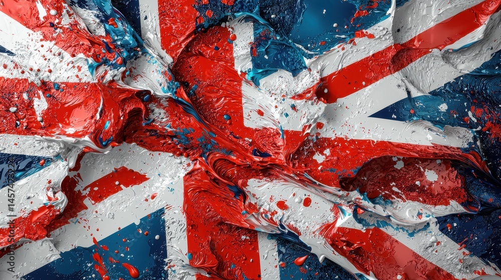 Poster artistic representation of the british flag blending vibrant colors and textures. the surface is dyn