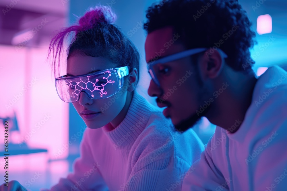 Poster two young scientists collaborate, using augmented reality glasses displaying a molecular structure.