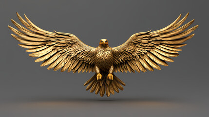 Obraz premium 3d rendering of a golden eagle with wings spread isolated on gray background. runebound gauntlet. illustration. [Neon Fables] | Virtual Griffins | rendered wings. Illustration