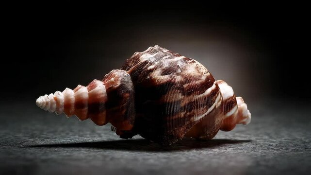 Brown and white patterned sea shell with a long, spiral, coned apex on a dark gray surface with a dark background in a horizontal format