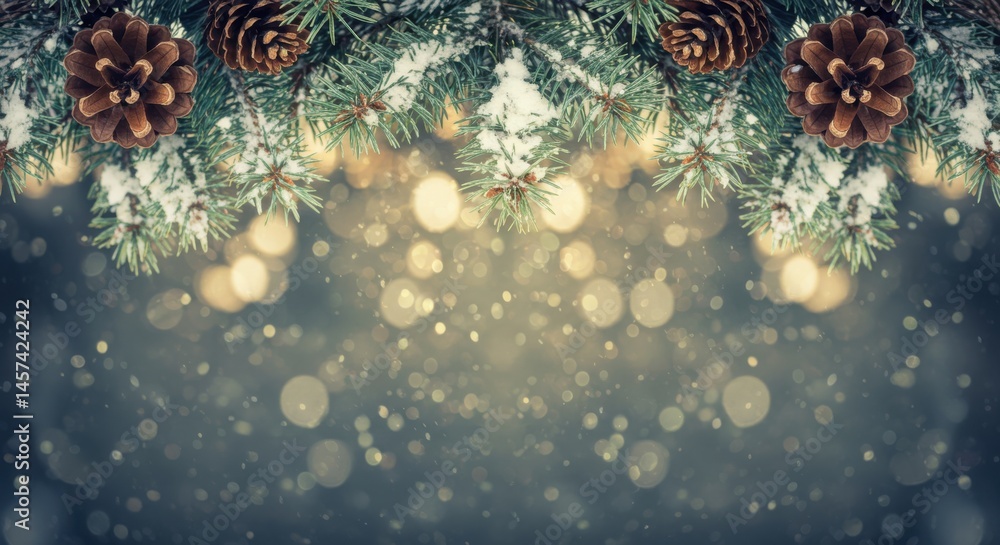 Aufkleber festive christmas background with pine cones and branches with bokeh lights and falling snow effect