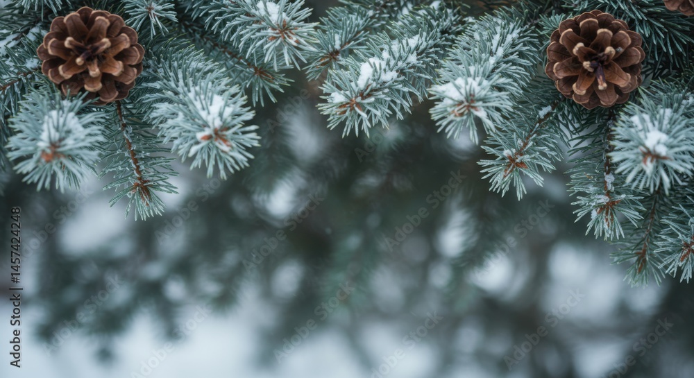 Aufkleber pine branches with snow and pinecones creating a festive winter holiday background image scene view