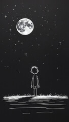 Obraz premium A lone figure gazes at the majestic moon and twinkling stars, standing on the grass, a serene night scene.
